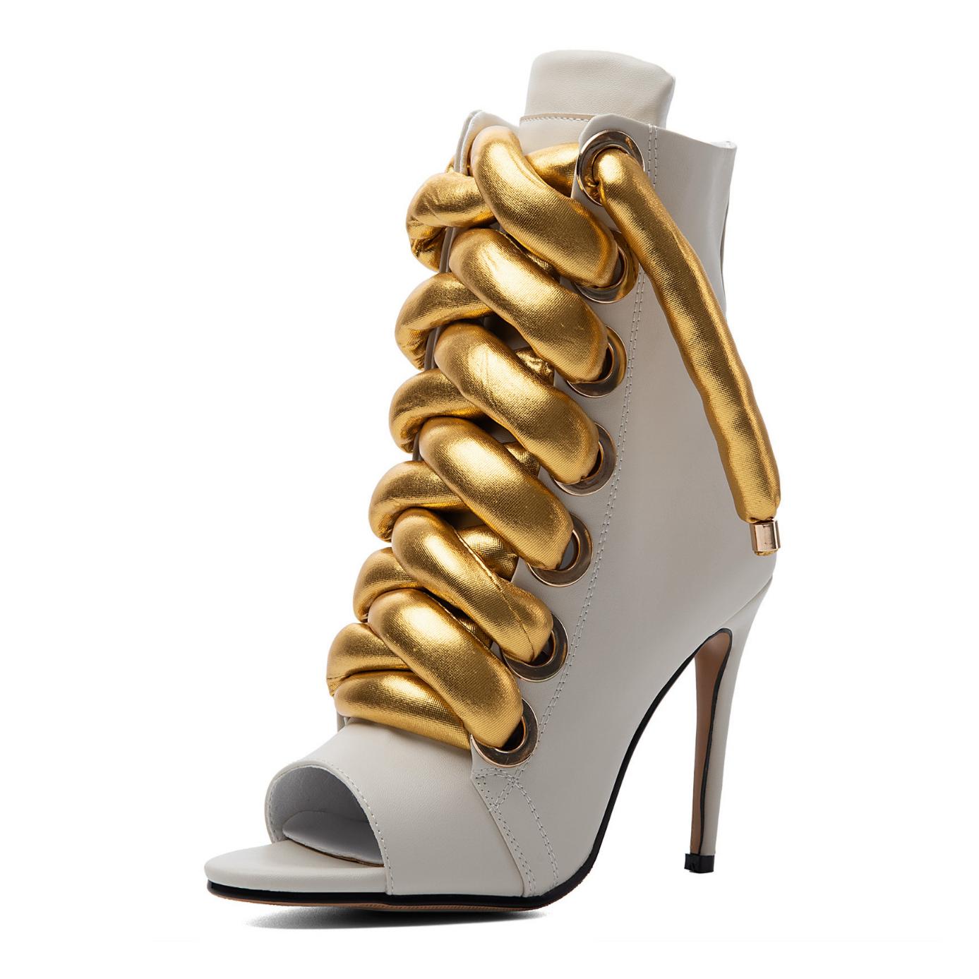 Peep Toe Thick Metallic Rope Lace-up Ankle Boots - Onlymaker