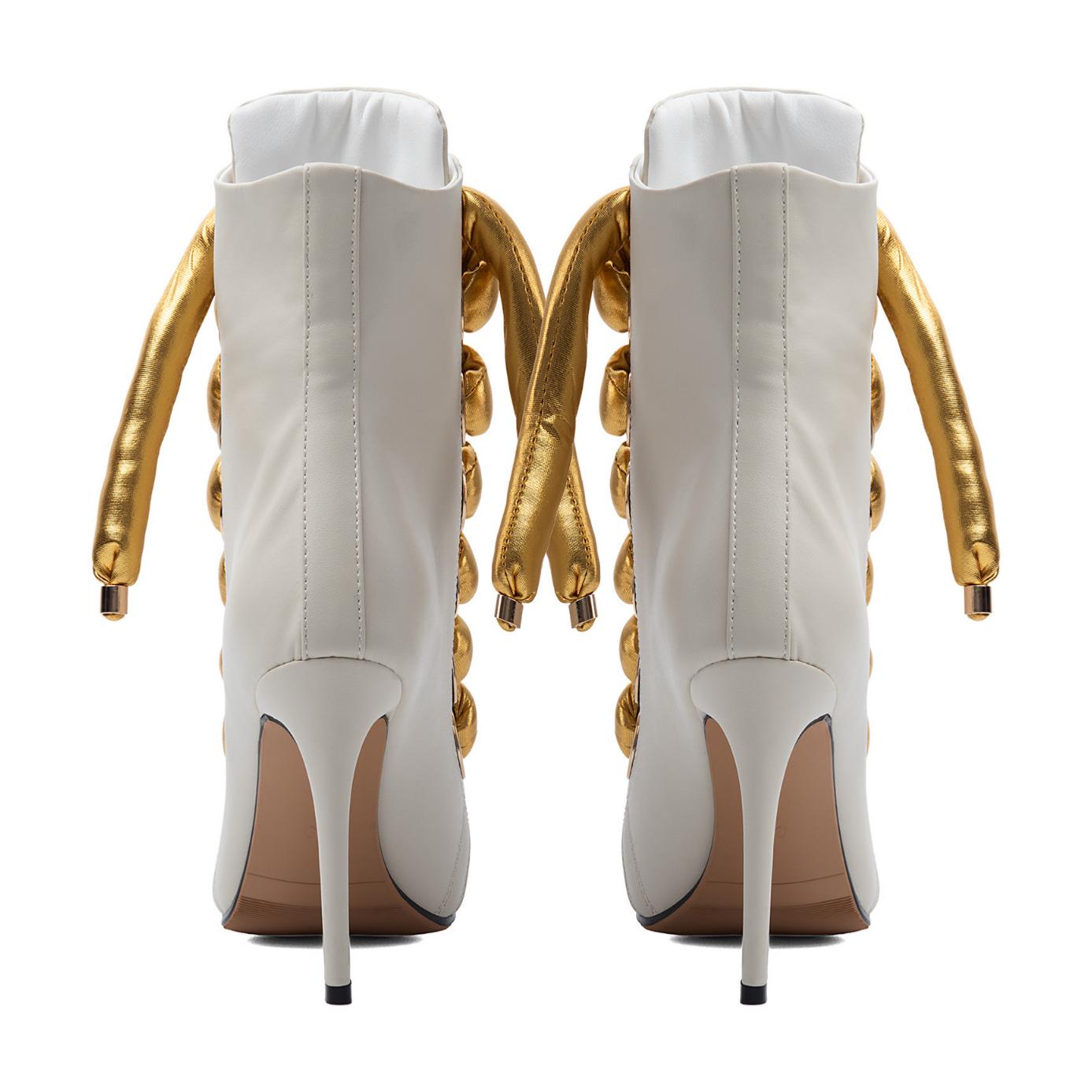 Peep Toe Thick Metallic Rope Lace-up Ankle Boots - Onlymaker