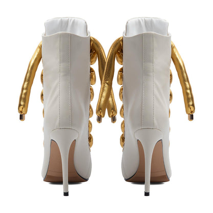Peep Toe Thick Metallic Rope Lace-up Ankle Boots - Onlymaker