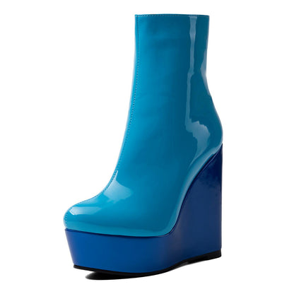 Platform Patent Leather Wedge Heel Ankle Boots - Onlymaker