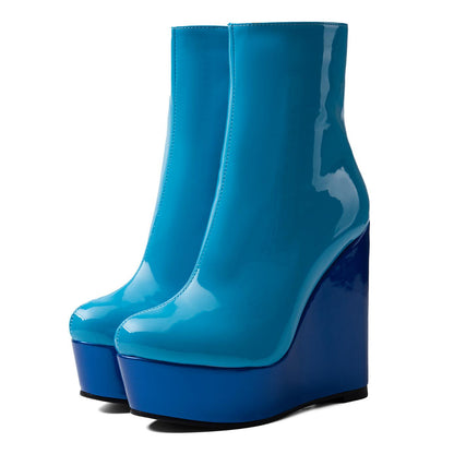 Platform Patent Leather Wedge Heel Ankle Boots - Onlymaker