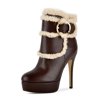 Platform Lambswool Buckle Side Zipper Ankle Boots - Onlymaker