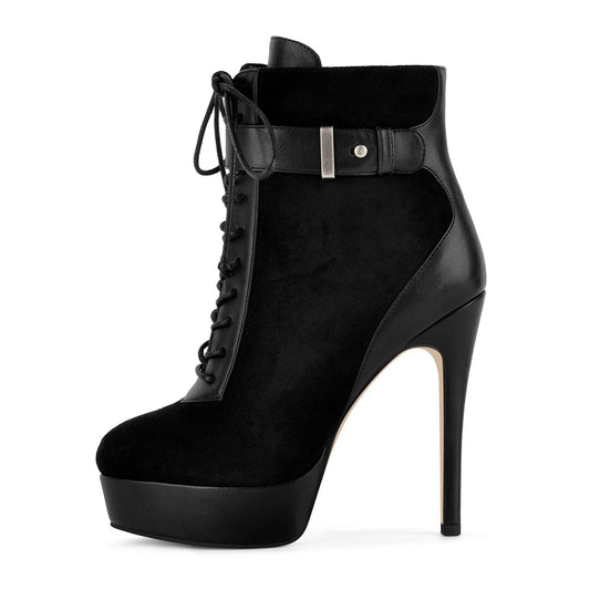 Suede Platform Lace-up Buckle Stiletto Ankle Boots - Onlymaker