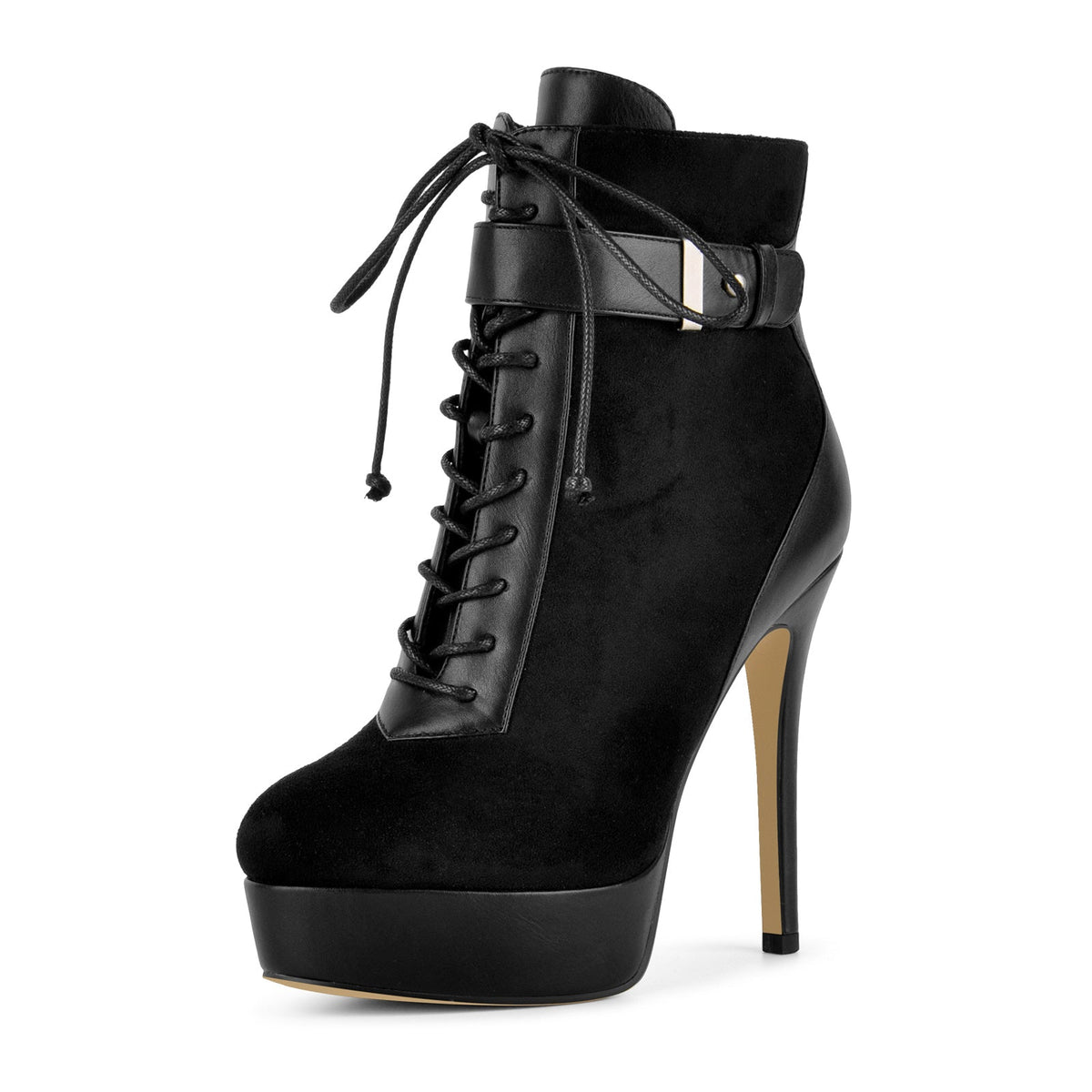Suede Platform Lace-up Buckle Stiletto Ankle Boots - Onlymaker