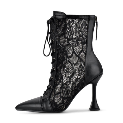 Pointed Toe Lace Mesh Lace-up Ankle Boots - Onlymaker