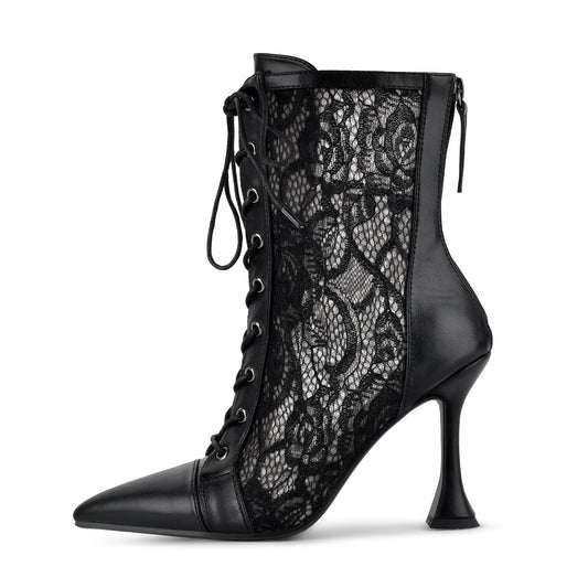 Pointed Toe Lace Mesh Lace-up Ankle Boots - Onlymaker