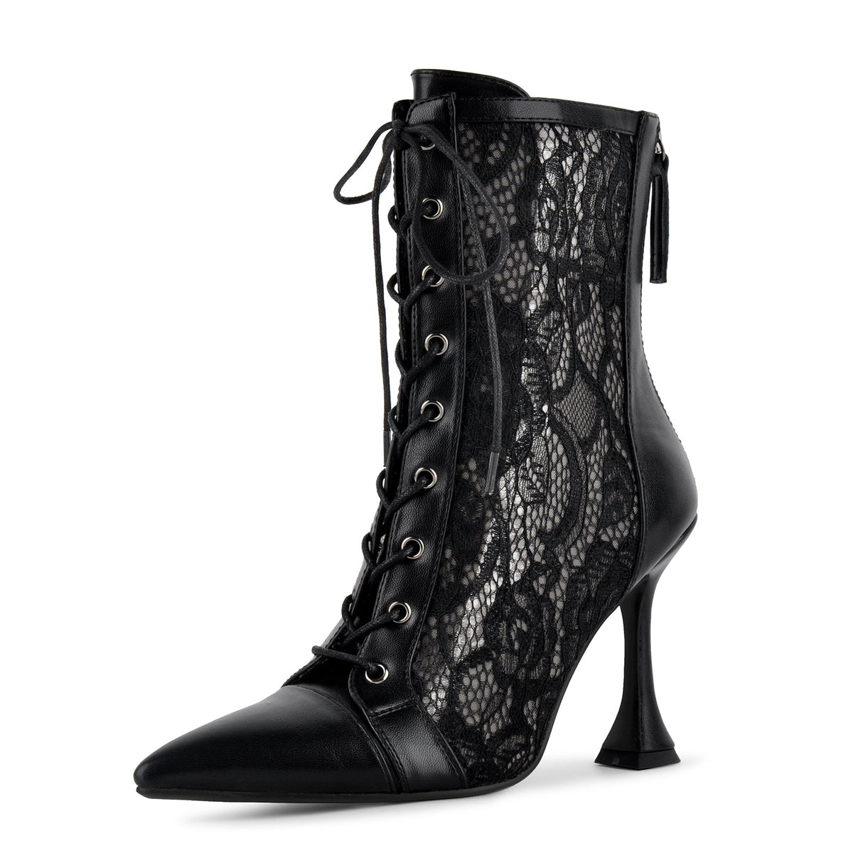 Pointed Toe Lace Mesh Lace-up Ankle Boots - Onlymaker