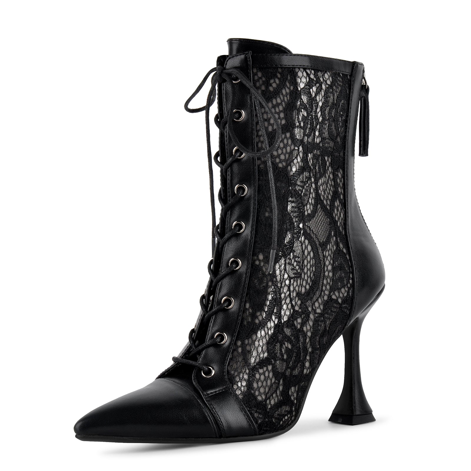 Pointed Toe Lace Mesh Lace-up Ankle Boots - Onlymaker