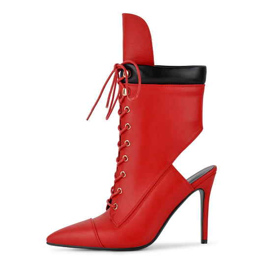Pointed Toe Lace-up Cutout Ankle Boots - Onlymaker