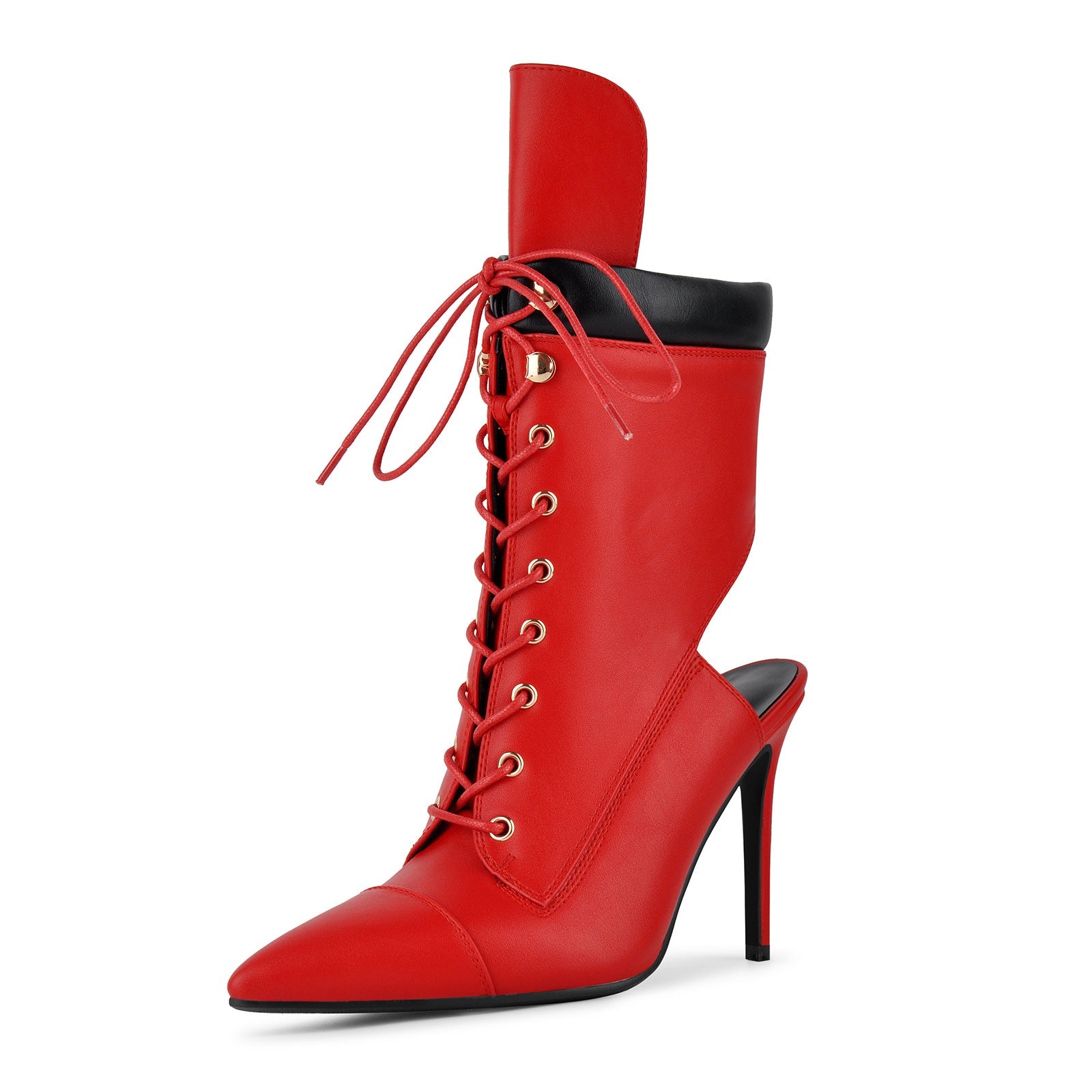 Pointed Toe Lace-up Cutout Ankle Boots - Onlymaker