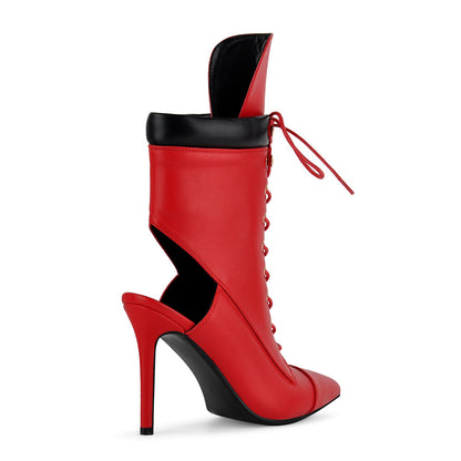 Pointed Toe Lace-up Cutout Ankle Boots - Onlymaker