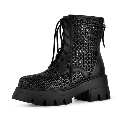 Platform Woven Cutout Lace-up Ankle Boots - Onlymaker