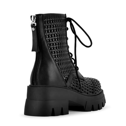 Platform Woven Cutout Lace-up Ankle Boots - Onlymaker