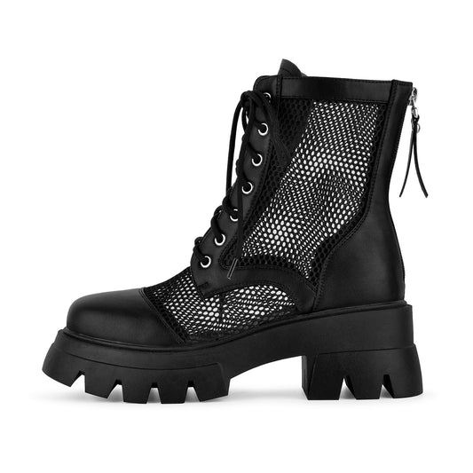 Round Toe Mesh Lace-up Platform Ankle Boots - Onlymaker