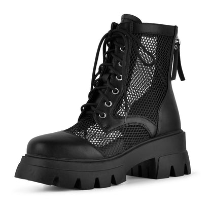 Round Toe Mesh Lace-up Platform Ankle Boots - Onlymaker