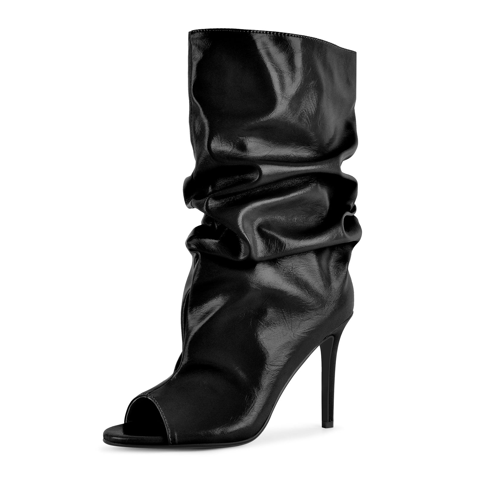 Open Toe Ruched Leather Stiletto Ankle Boots - Onlymaker