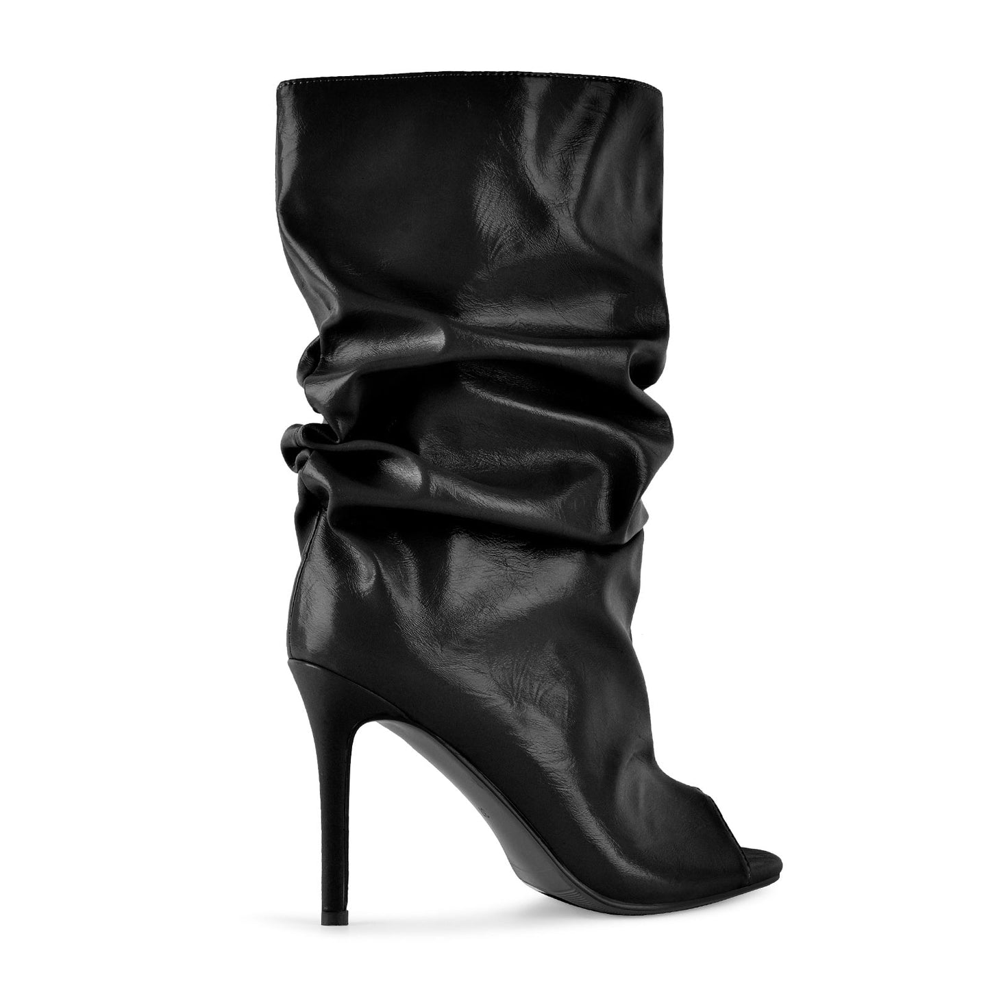 Open Toe Ruched Leather Stiletto Ankle Boots - Onlymaker