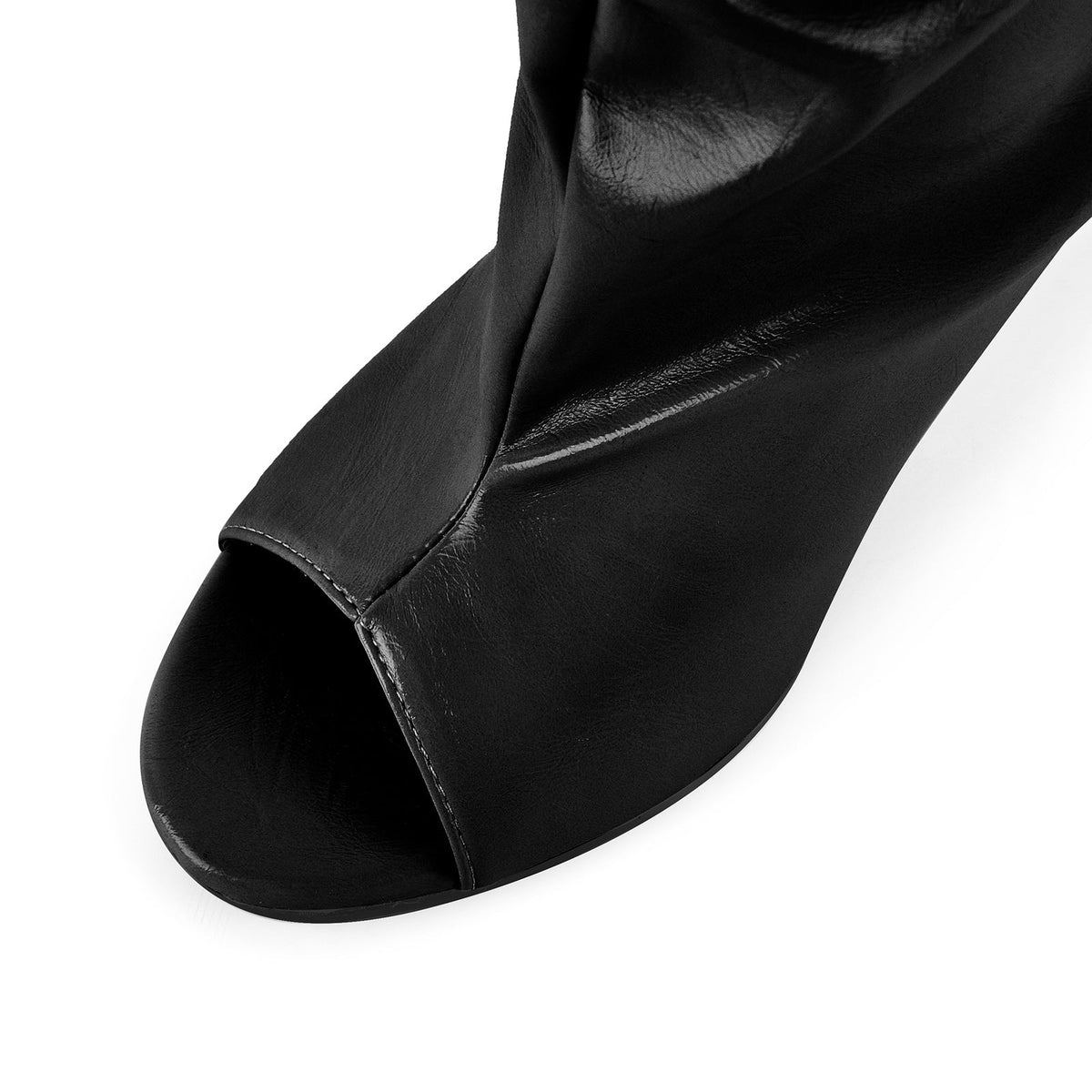 Open Toe Ruched Leather Stiletto Ankle Boots - Onlymaker
