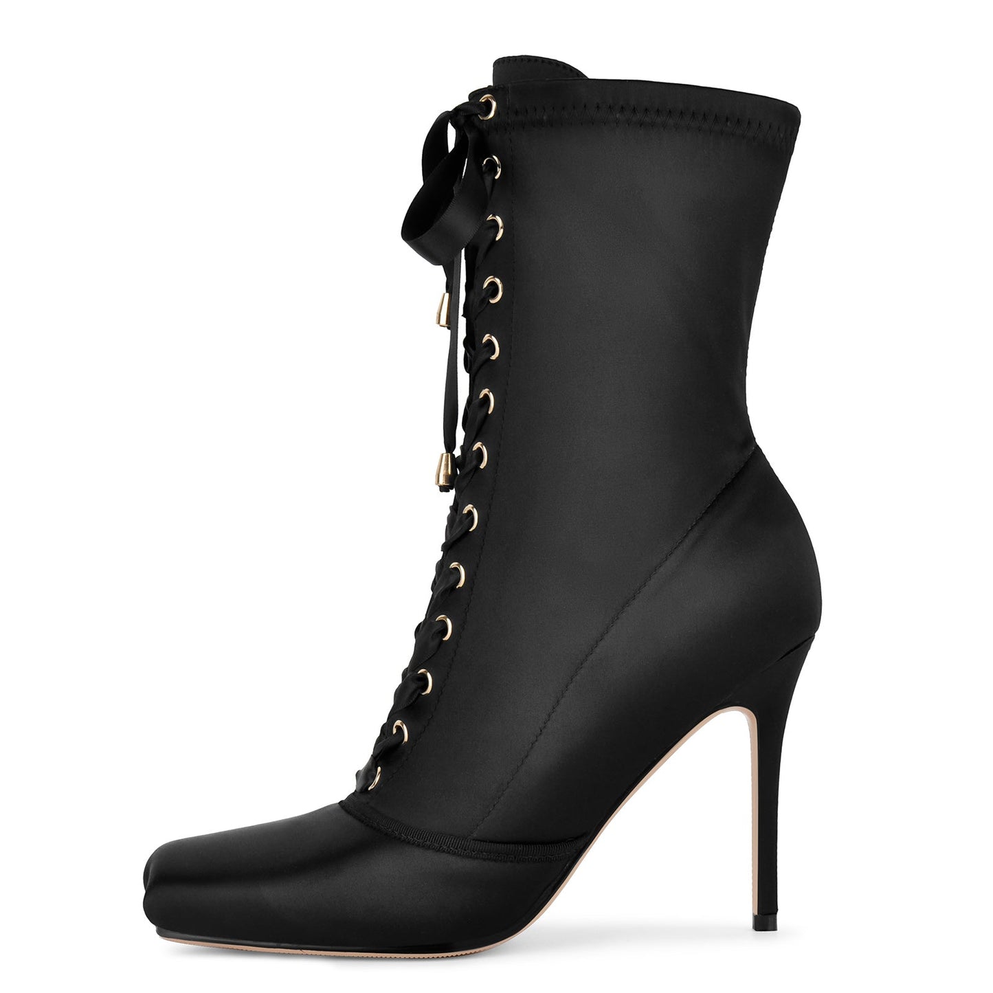 Square Toe Satin Lace-up Stiletto Ankle Boots - Onlymaker