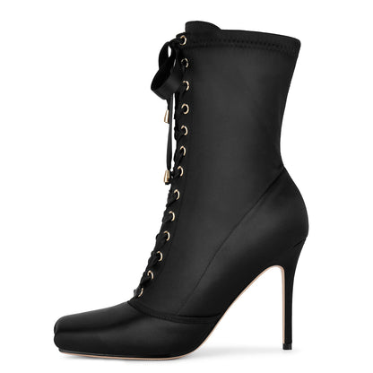 Square Toe Satin Lace-up Stiletto Ankle Boots - Onlymaker