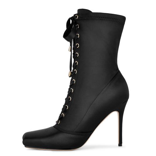 Square Toe Satin Lace-up Stiletto Ankle Boots - Onlymaker