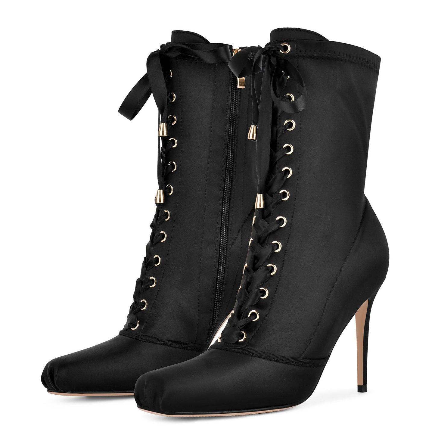 Square Toe Satin Lace-up Stiletto Ankle Boots - Onlymaker