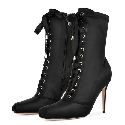 Square Toe Satin Lace-up Stiletto Ankle Boots - Onlymaker
