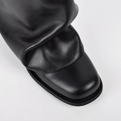 Square Toe Fold Over Chunky Heel Ankle Boots - Onlymaker