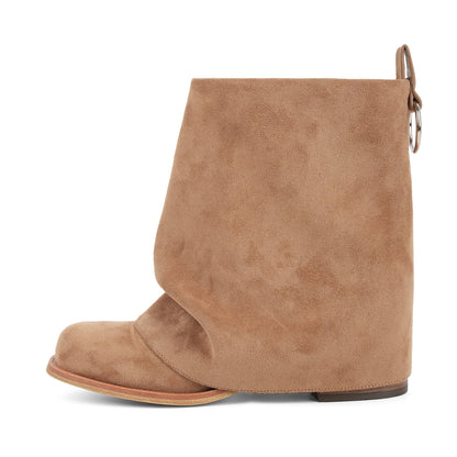Square Toe Fold Over Chunky Heel Ankle Boots - Onlymaker