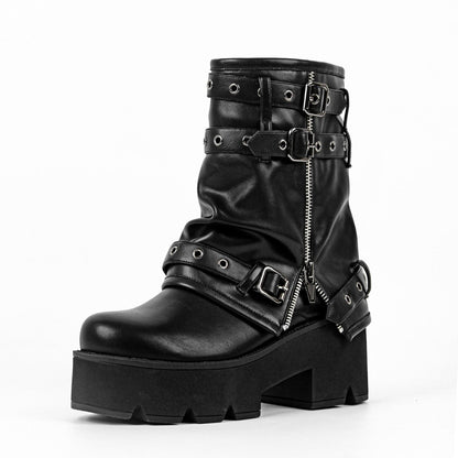 Platform Buckle Strap Fold Over Ankle Boots - Onlymaker