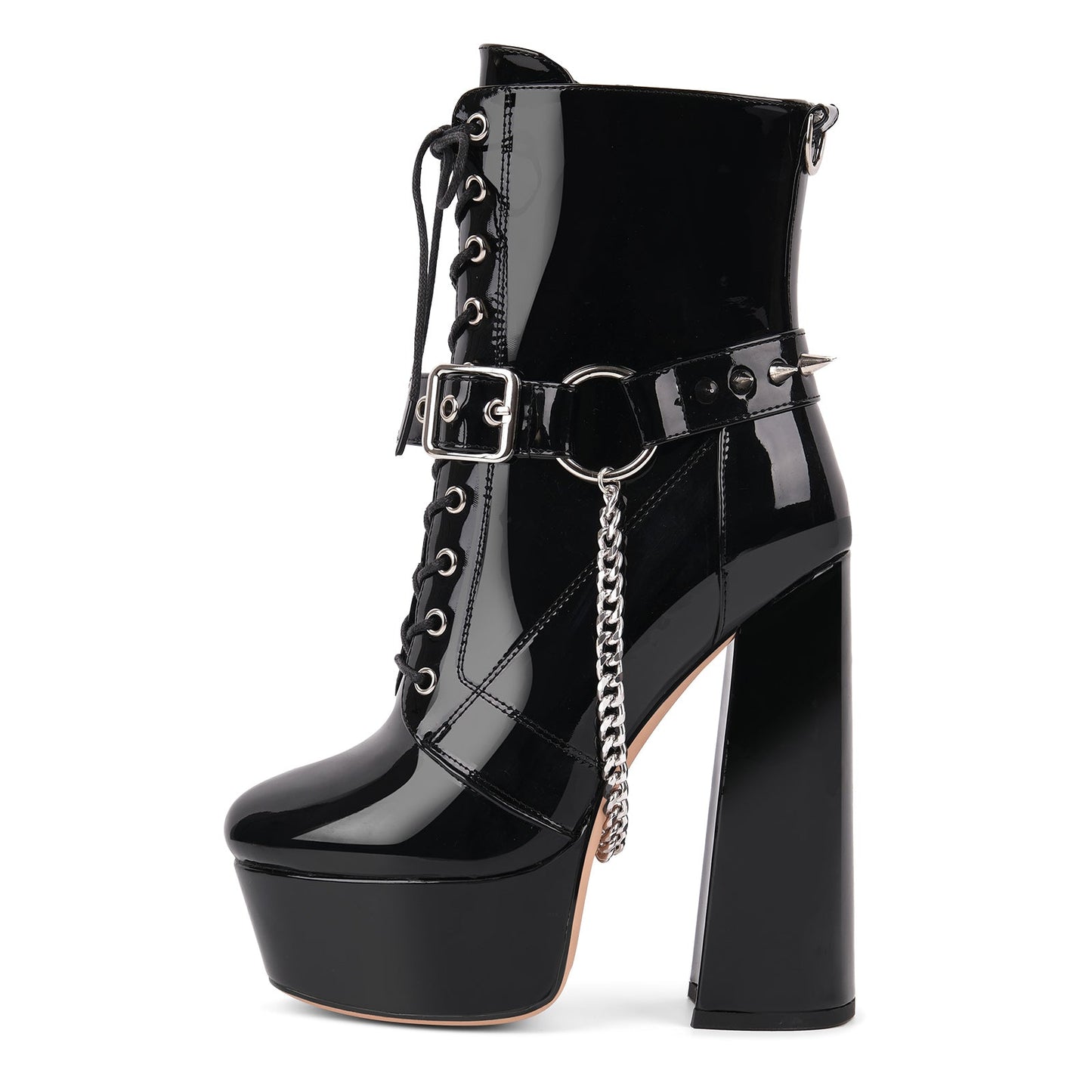 Platform Rivet Buckle Metal Chain Lace-up Ankle Boots - Onlymaker