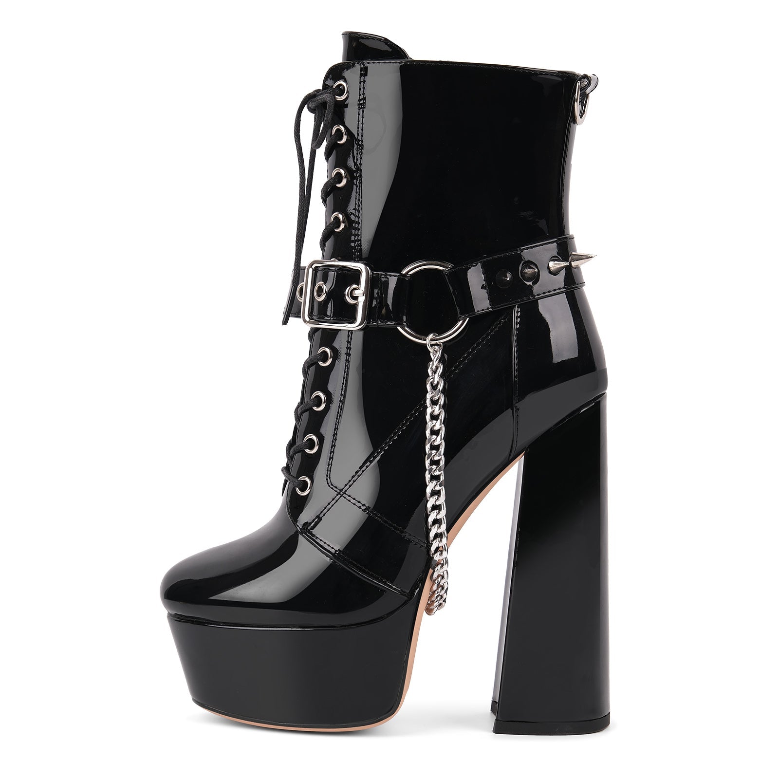 Platform Rivet Buckle Metal Chain Lace-up Ankle Boots - Onlymaker