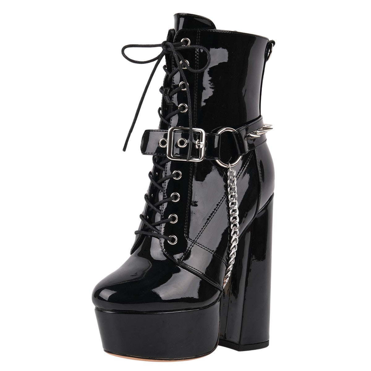Platform Rivet Buckle Metal Chain Lace-up Ankle Boots - Onlymaker
