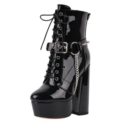 Platform Rivet Buckle Metal Chain Lace-up Ankle Boots - Onlymaker