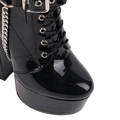 Platform Rivet Buckle Metal Chain Lace-up Ankle Boots - Onlymaker