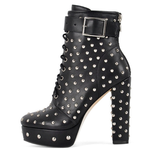 Rivet Platform Buckle Lace-up Ankle Boots - Onlymaker