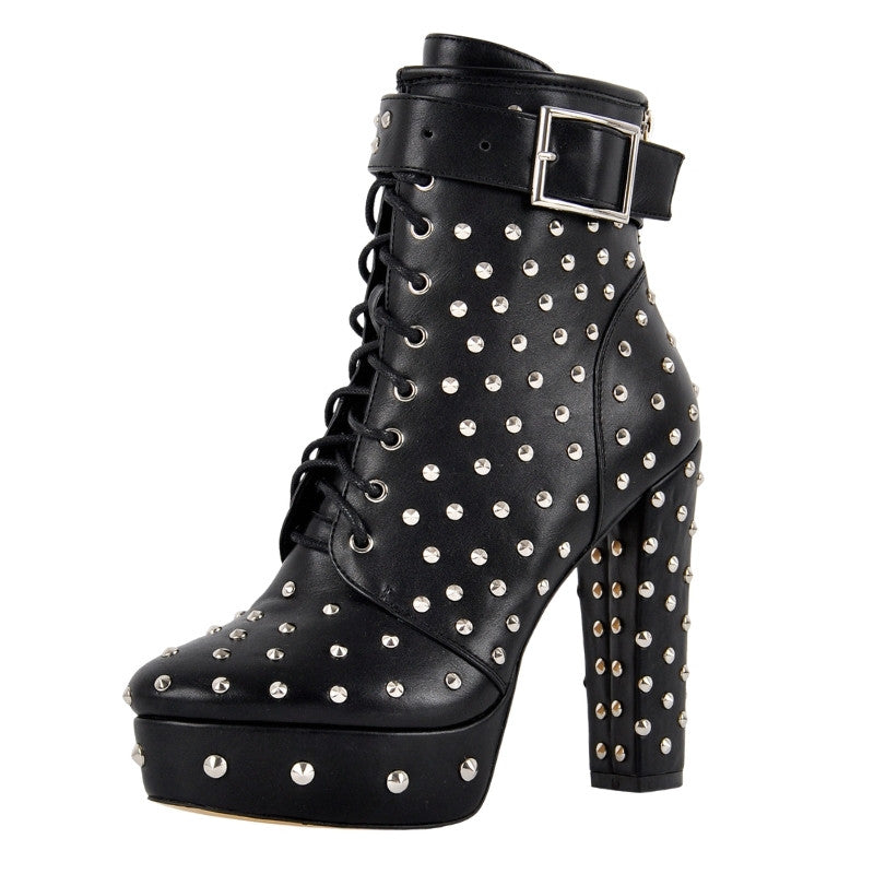 Rivet Platform Buckle Lace-up Ankle Boots - Onlymaker