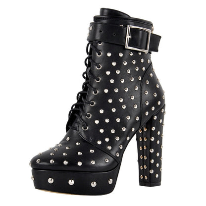 Rivet Platform Buckle Lace-up Ankle Boots - Onlymaker