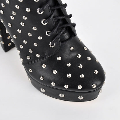 Rivet Platform Buckle Lace-up Ankle Boots - Onlymaker