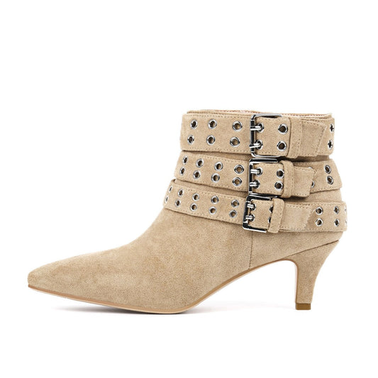Suede Multi-Buckle Kitten Heel Ankle Boots - Onlymaker