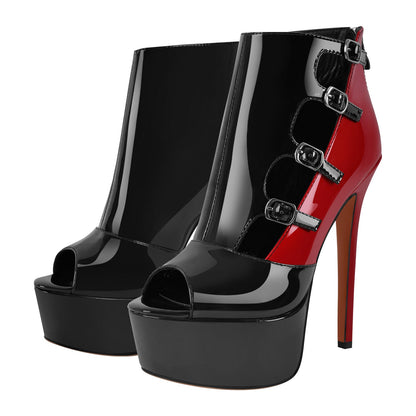 Peep Toe Platform Multi Buckle Ankle Boots - Onlymaker