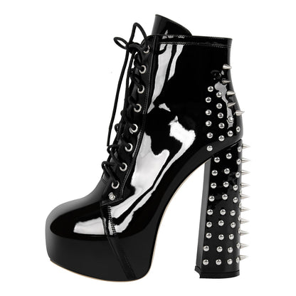 Rivet Platform Lace-up Chunky Heel Ankle Boots - Onlymaker