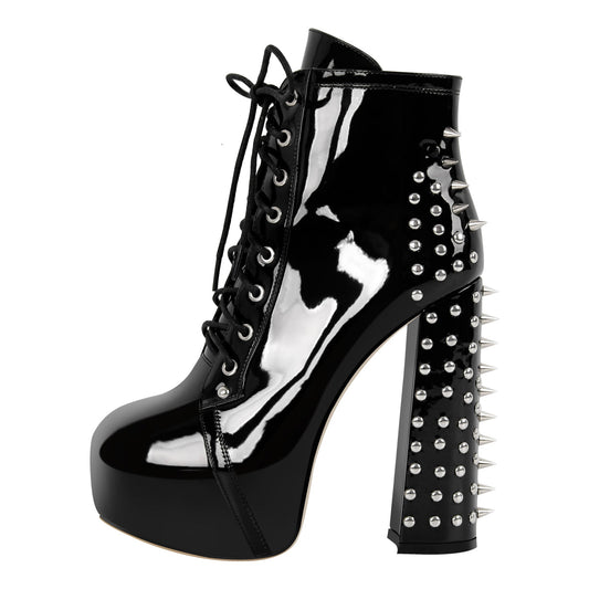 Rivet Platform Lace-up Chunky Heel Ankle Boots - Onlymaker