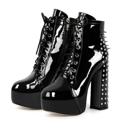 Rivet Platform Lace-up Chunky Heel Ankle Boots - Onlymaker