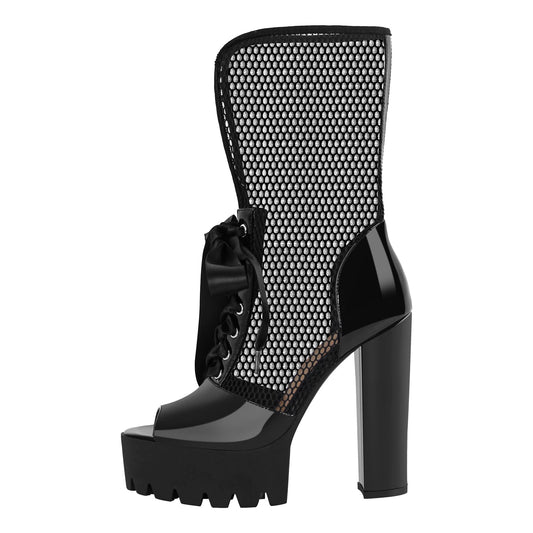 Peep Toe Mesh Platform Lace-up Boots Sandals - Onlymaker