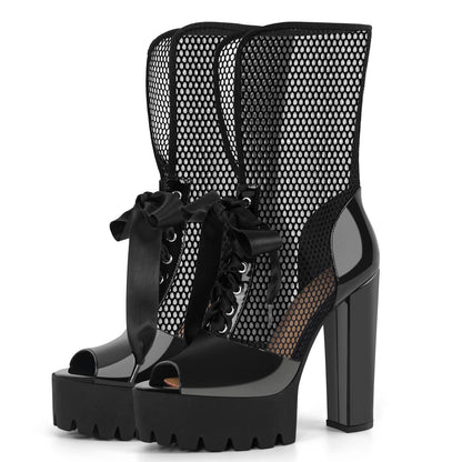 Peep Toe Mesh Platform Lace-up Boots Sandals - Onlymaker