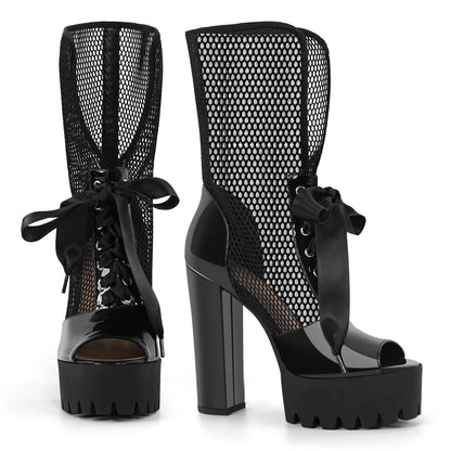 Peep Toe Mesh Platform Lace-up Boots Sandals - Onlymaker