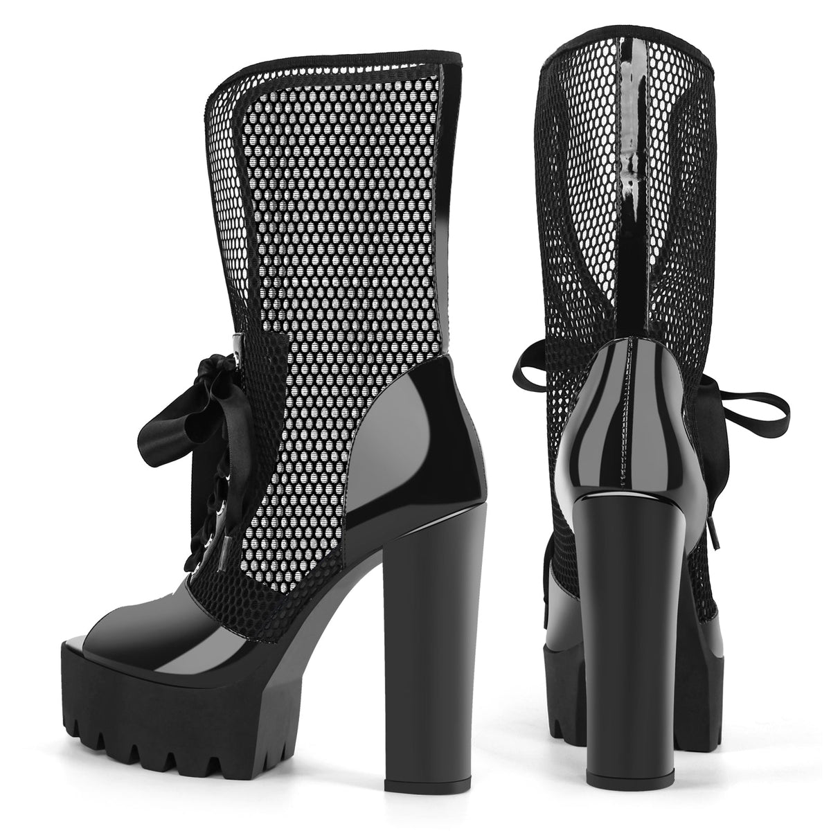 Peep Toe Mesh Platform Lace-up Boots Sandals - Onlymaker