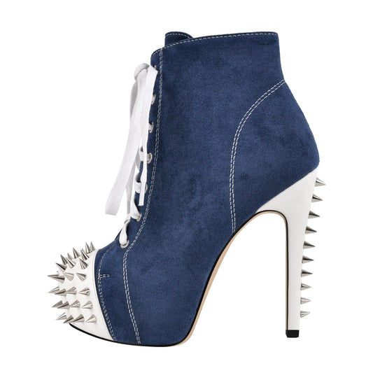 Rivet Platform Suede Lace-up Stiletto Ankle Boots - Onlymaker