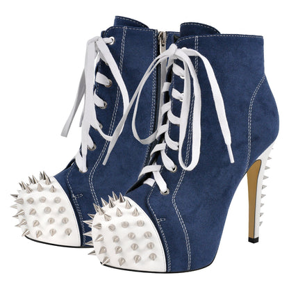 Rivet Platform Suede Lace-up Stiletto Ankle Boots - Onlymaker
